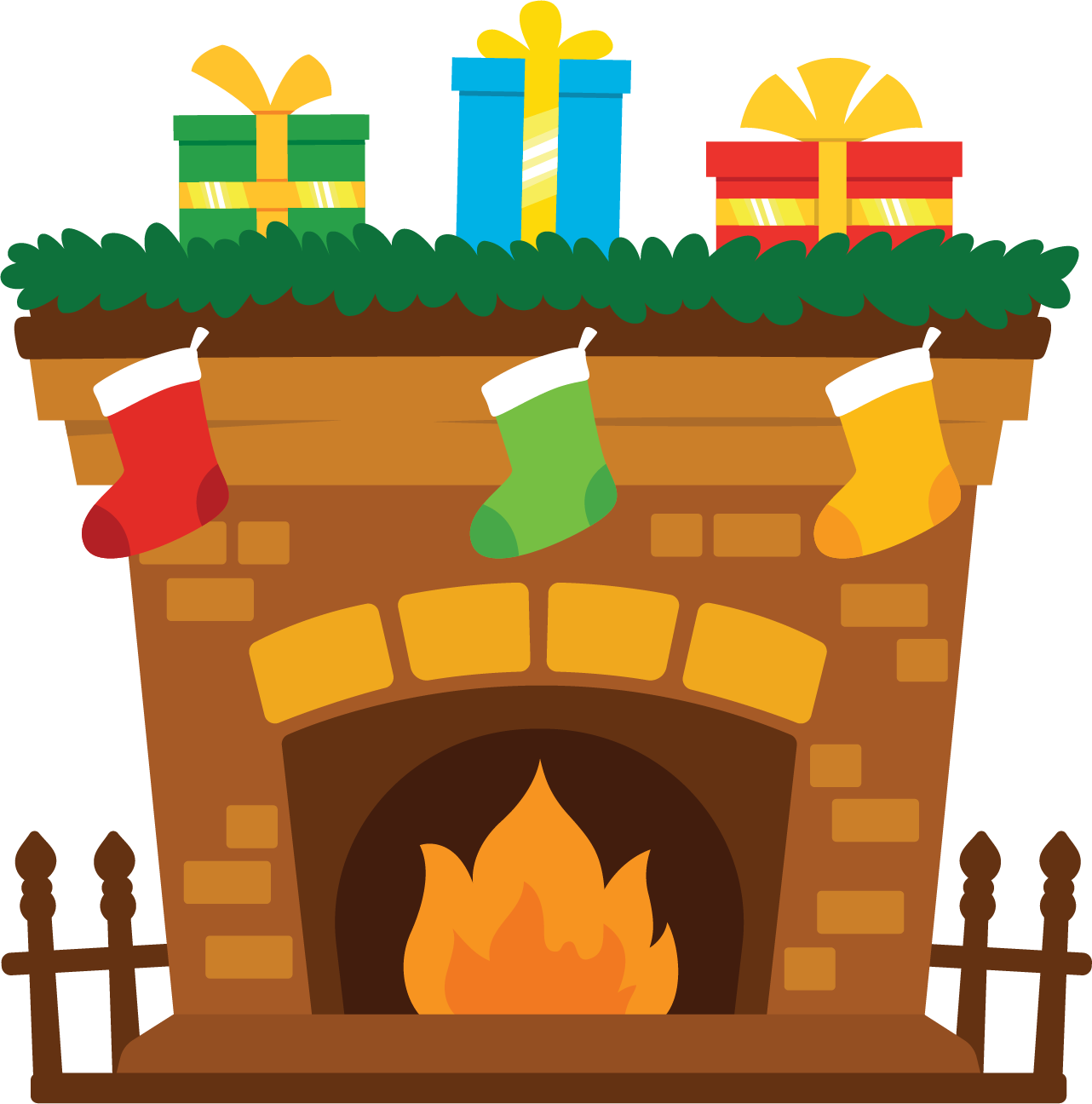 Cosy Christmas fireplace with stockings and presents
